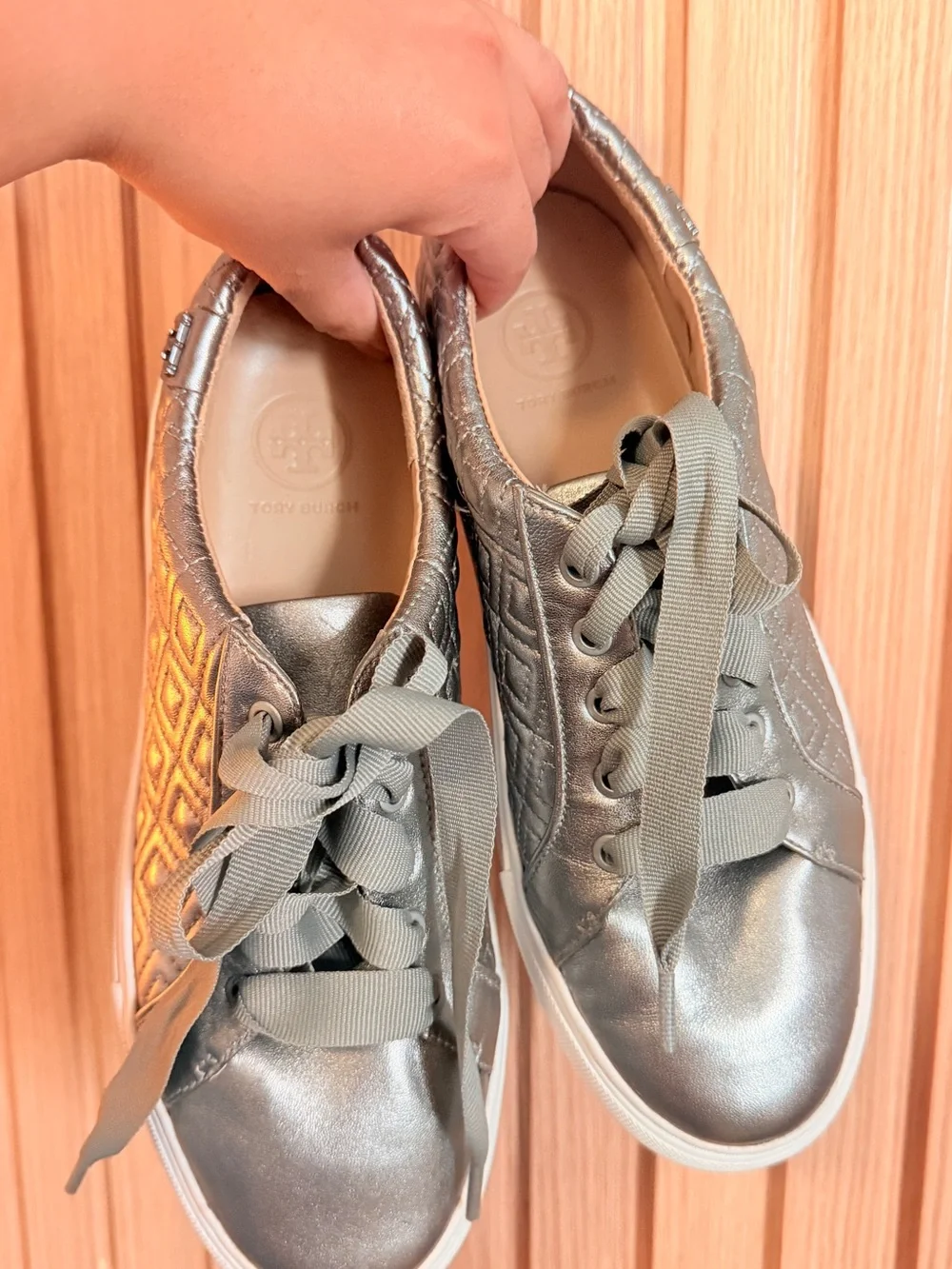 Tory Burch Metallic Silver Quilted Lace-Up Sneakers